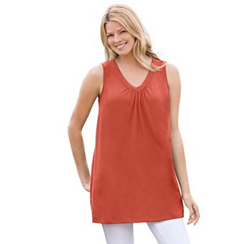 Woman Within Plus Size Perfect Sleeveless Shirred V-Neck Tunic