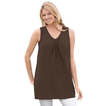 Woman Within Plus Size Perfect Sleeveless Shirred V-Neck Tunic