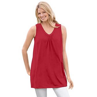 Woman Within Women's Plus Size Perfect Sleeveless Shirred V-Neck Tunic