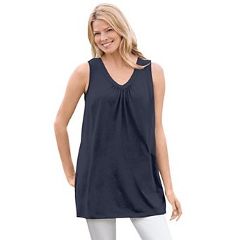 Woman Within Plus Size Perfect Sleeveless Shirred V-Neck Tunic