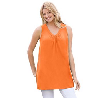 Woman Within Plus Size Perfect Sleeveless Shirred V-Neck Tunic