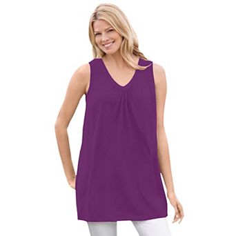 Woman Within Plus Size Perfect Sleeveless Shirred V-Neck Tunic