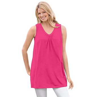 Woman Within Plus Size Perfect Sleeveless Shirred V-Neck Tunic