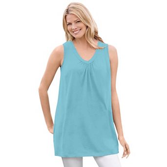 Woman Within Plus Size Perfect Sleeveless Shirred V-Neck Tunic