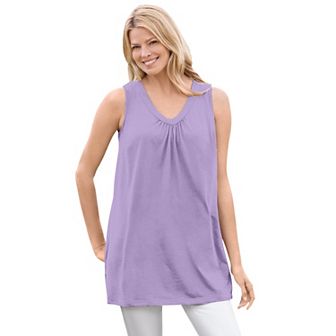 Woman Within Women's Plus Size Perfect Sleeveless Shirred V-Neck Tunic
