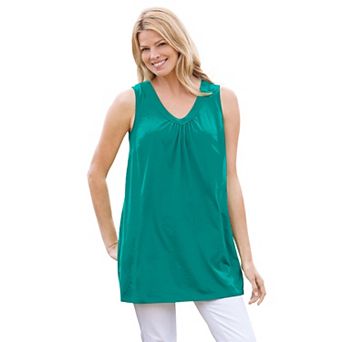 Woman Within Plus Size Perfect Sleeveless Shirred V-Neck Tunic