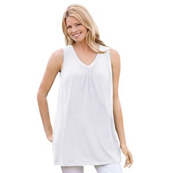Woman Within Plus Size Perfect Sleeveless Shirred V-Neck Tunic