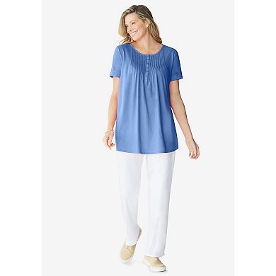 Woman Within Plus Size Short-Sleeve Pintucked Henley Tunic