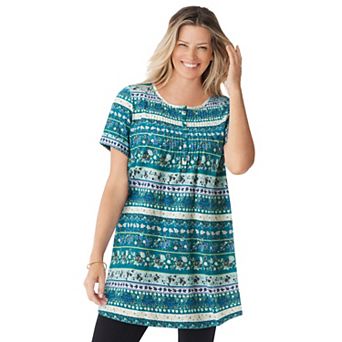Woman Within Plus Size Short-Sleeve Pintucked Henley Tunic