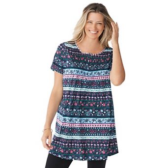 Woman Within Plus Size Short-Sleeve Pintucked Henley Tunic