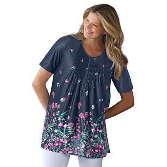 Woman Within Plus Size Short-Sleeve Pintucked Henley Tunic