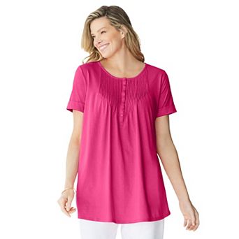 Woman Within Plus Size Short-Sleeve Pintucked Henley Tunic
