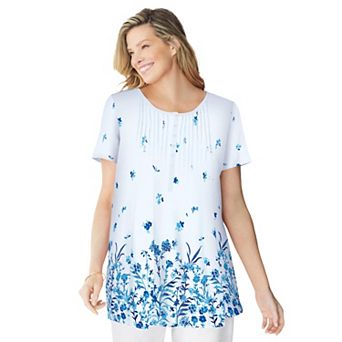 Woman Within Plus Size Short-Sleeve Pintucked Henley Tunic