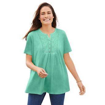 Woman Within Plus Size Eyelet Henley Tee