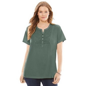 Woman Within Plus Size Eyelet Henley Tee