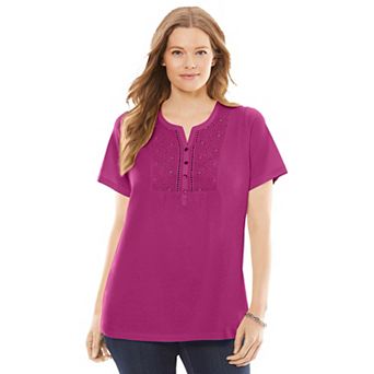 Woman Within Plus Size Eyelet Henley Tee