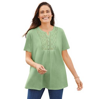 Woman Within Plus Size Eyelet Henley Tee