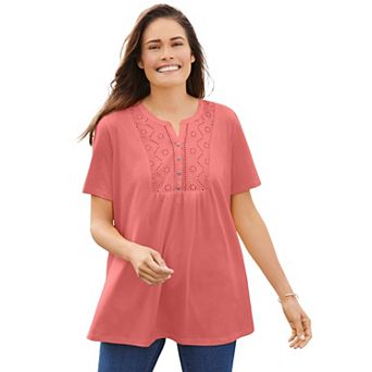 Woman Within Plus Size Eyelet Henley Tee