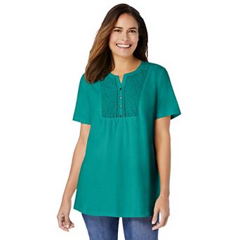 Woman Within Plus Size Eyelet Henley Tee