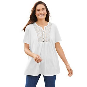 Woman Within Women's Plus Size Eyelet Henley Tee