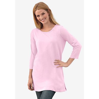 Woman Within Plus Size Perfect Three-Quarter-Sleeve Scoopneck Tunic