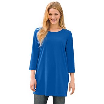 Woman Within Plus Size Perfect Three-Quarter-Sleeve Scoopneck Tunic