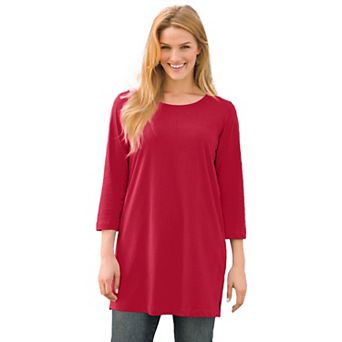 Woman Within Plus Size Perfect Three-Quarter-Sleeve Scoopneck Tunic