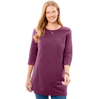 Woman Within Plus Size Perfect Three-Quarter-Sleeve Scoopneck Tunic