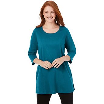 Woman Within Plus Size Perfect Three-Quarter-Sleeve Scoopneck Tunic