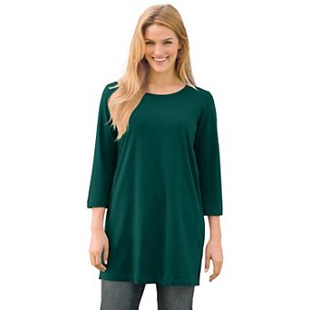 Woman Within Plus Size Perfect Three-Quarter-Sleeve Scoopneck Tunic