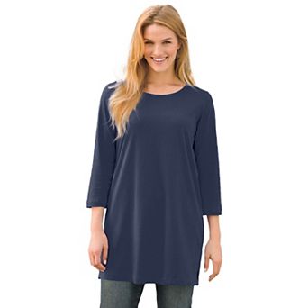 Woman Within Plus Size Perfect Three-Quarter-Sleeve Scoopneck Tunic