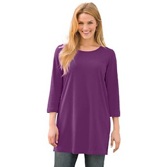 Woman Within Plus Size Perfect Three-Quarter-Sleeve Scoopneck Tunic