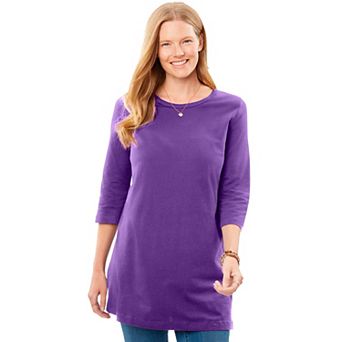 Woman Within Plus Size Perfect Three-Quarter-Sleeve Scoopneck Tunic
