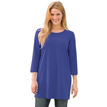 Woman Within Plus Size Perfect Three-Quarter-Sleeve Scoopneck Tunic