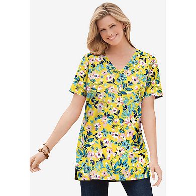 Woman Within Women's Plus Size Perfect Printed Short-Sleeve Shirred V-Neck Tunic