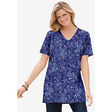 Woman Within Plus Size Perfect Printed Short-Sleeve Shirred V-Neck Tunic