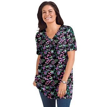 Woman Within Plus Size Perfect Printed Short-Sleeve Shirred V-Neck Tunic