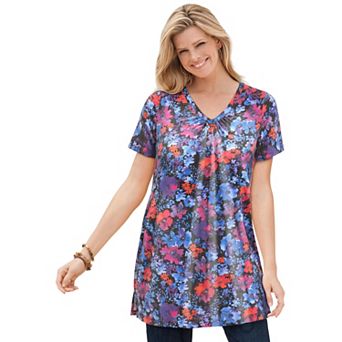 Woman Within Plus Size Perfect Printed Short-Sleeve Shirred V-Neck Tunic