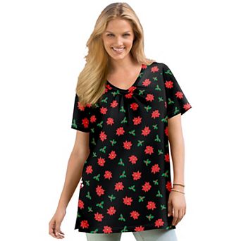 Woman Within Plus Size Perfect Printed Short-Sleeve Shirred V-Neck Tunic