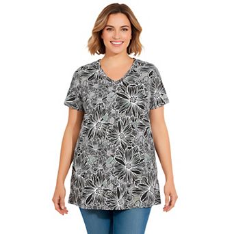 Woman Within Plus Size Perfect Printed Short-Sleeve Shirred V-Neck Tunic
