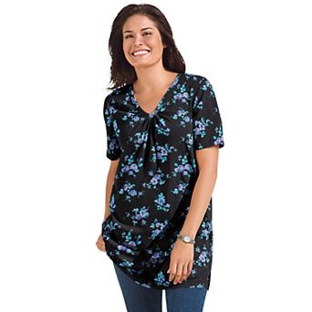 Woman Within Plus Size Perfect Printed Short-Sleeve Shirred V-Neck Tunic