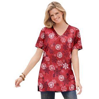 Woman Within Plus Size Perfect Printed Short-Sleeve Shirred V-Neck Tunic