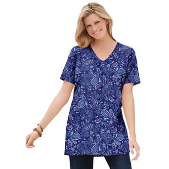 Woman Within Plus Size Perfect Printed Short-Sleeve Shirred V-Neck Tunic