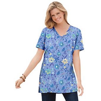 Woman Within Plus Size Perfect Printed Short-Sleeve Shirred V-Neck Tunic