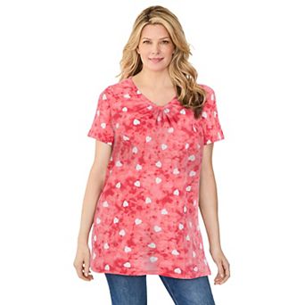 Woman Within Plus Size Perfect Printed Short-Sleeve Shirred V-Neck Tunic
