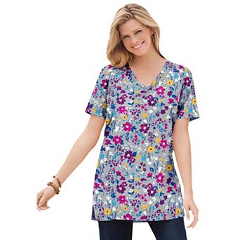 Woman Within Plus Size Perfect Printed Short-Sleeve Shirred V-Neck Tunic