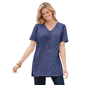 Woman Within Plus Size Perfect Printed Short-Sleeve Shirred V-Neck Tunic