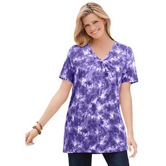 Woman Within Plus Size Perfect Printed Short-Sleeve Shirred V-Neck Tunic
