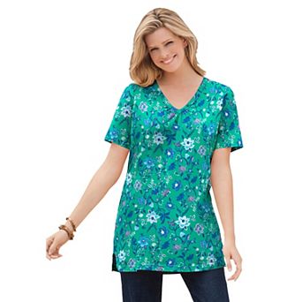 Woman Within Plus Size Perfect Printed Short-Sleeve Shirred V-Neck Tunic