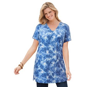 Woman Within Plus Size Perfect Printed Short-Sleeve Shirred V-Neck Tunic